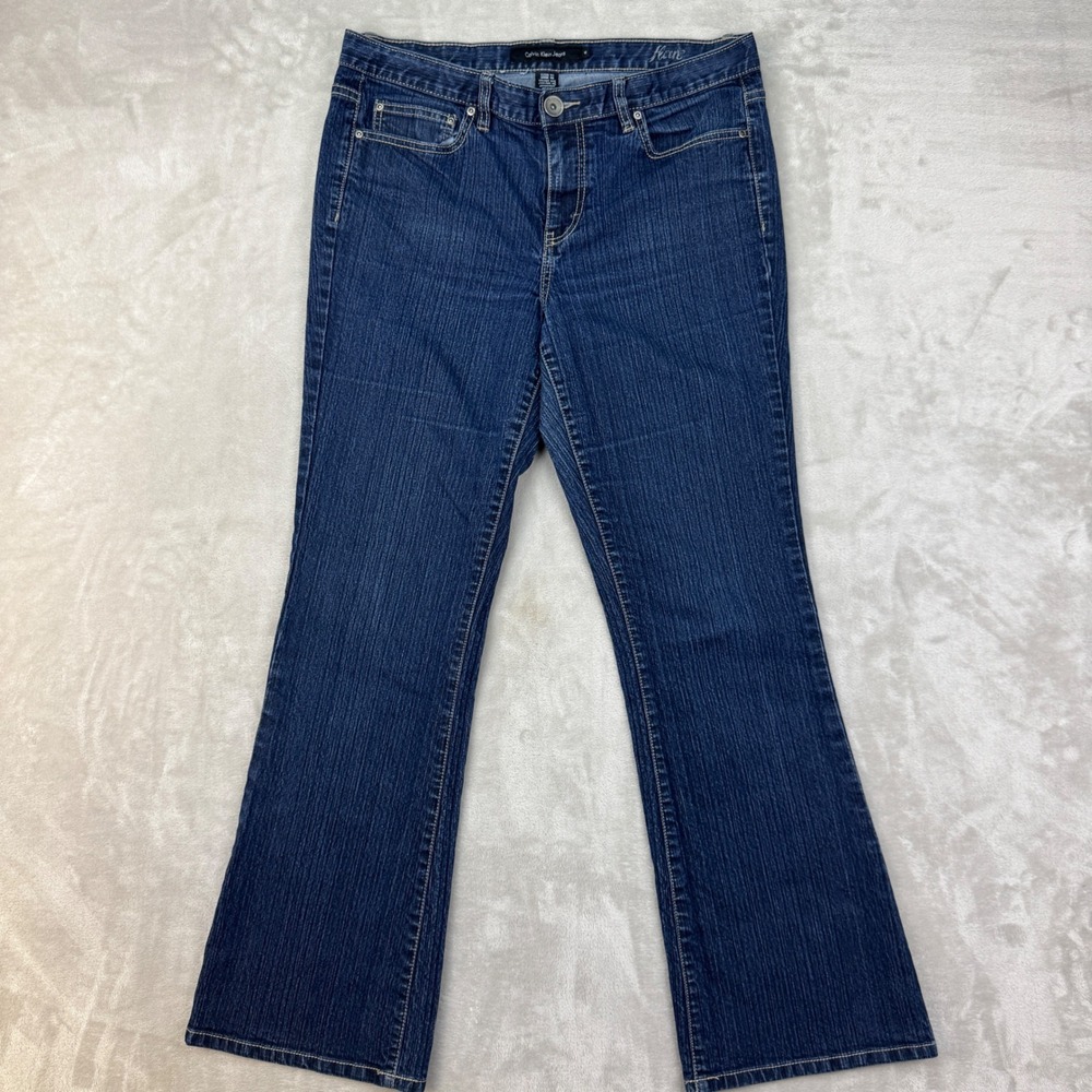 Calvin Klein Jeans Womens 12 (34x31) Blue Flare Mid Rise Y2K Denim Dark Wash